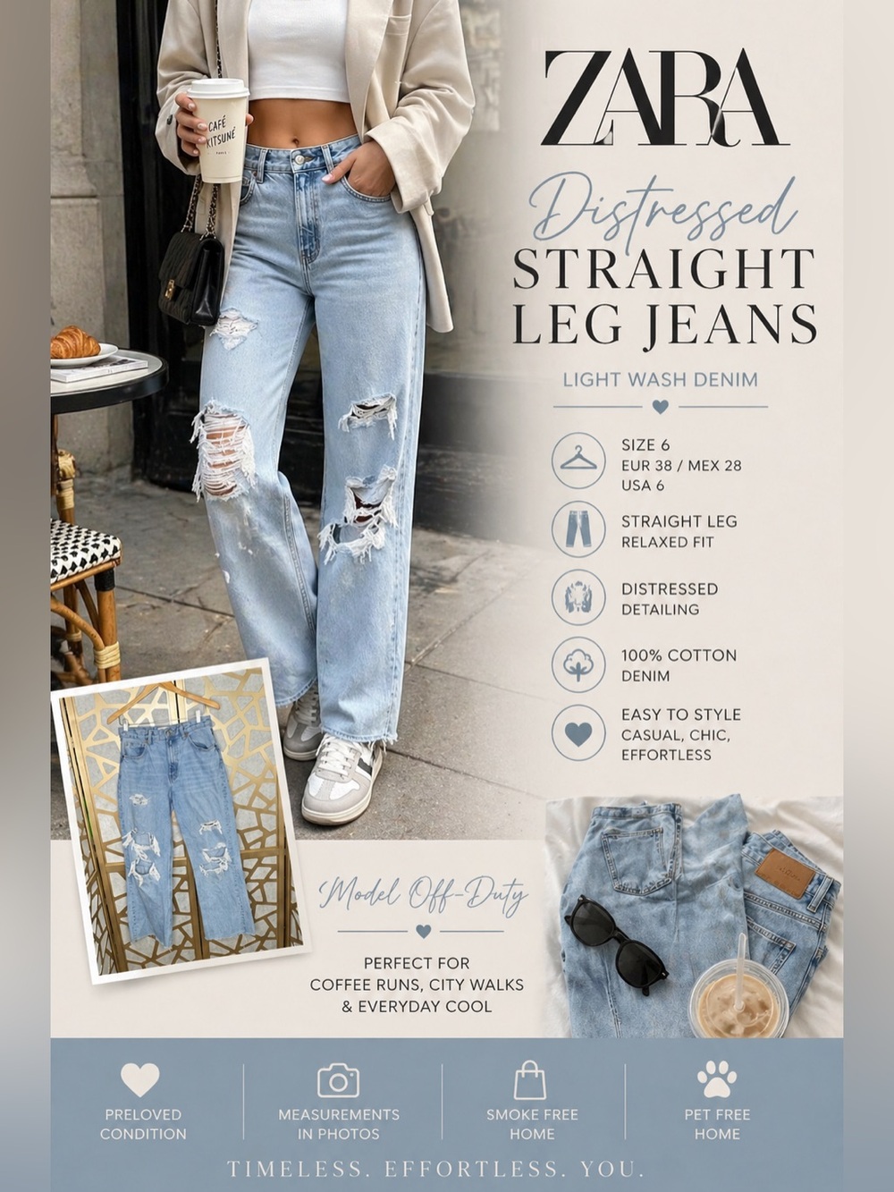 ZARA Distressed Straight Leg Jeans – Light Wash Ripped Denim Size 6